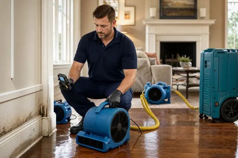 Great South Bay Water Restoration technician setting an air mover in a Bay Shore living room