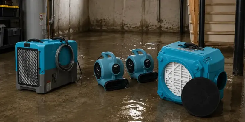 Dehumidifier and air movers drying a gutted Bay Shore room to a verified standard