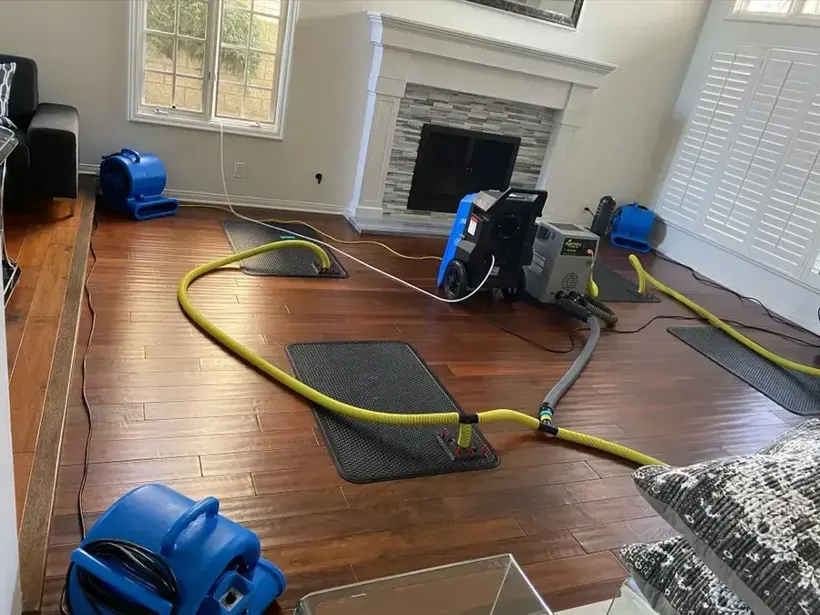 Air mover and extraction hose pulling standing water from a Bay Shore living-room floor